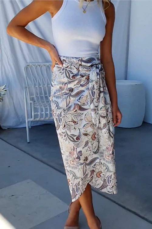 Printed Tie Waist Wrap Midi SkirtClistos