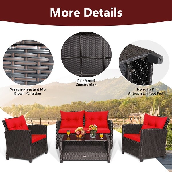 Costway 4 PCS Patio Rattan Furniture Set Glass Table Shelf Sofa