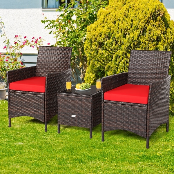 Costway 3PCS Patio Rattan Furniture Set Cushioned Sofa Glass Tabletop