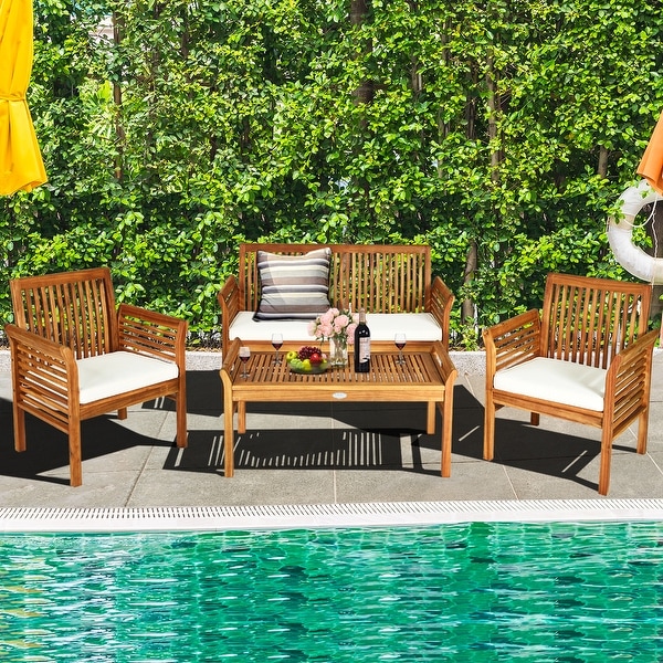 Costway 4 PCS Outdoor Acacia Wood Sofa Furniture Set Cushioned Chair