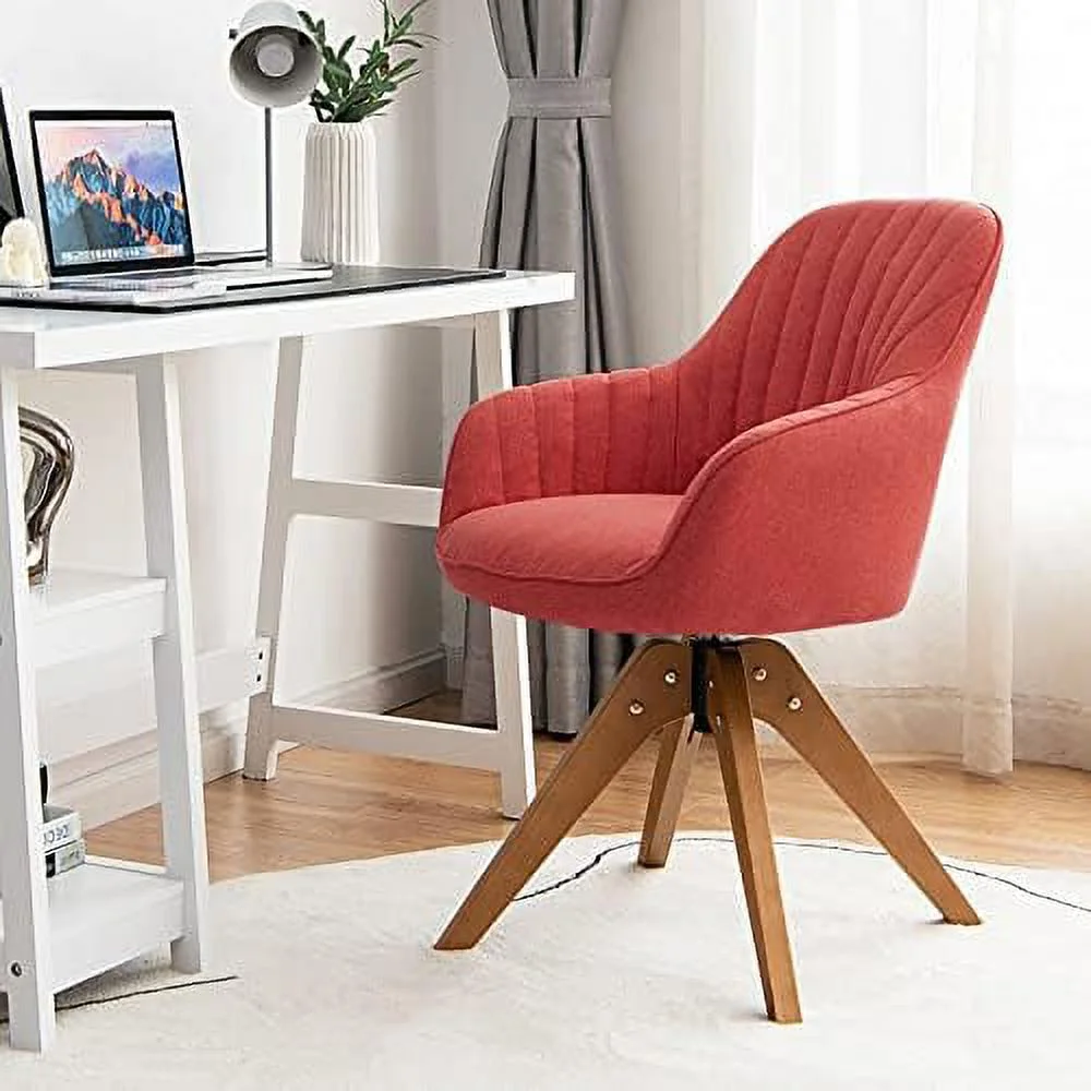 Desk Chair No Wheels, Super Easy To Install, Century Computer Desk Armchair With Linen Fabric And Soft Sponge Filling, Swivel Accent Chair For Home Office, Red