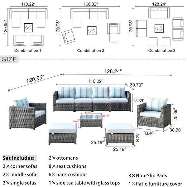 OVIOS Patio Furniture Deep Seat Wicker 9piece Set