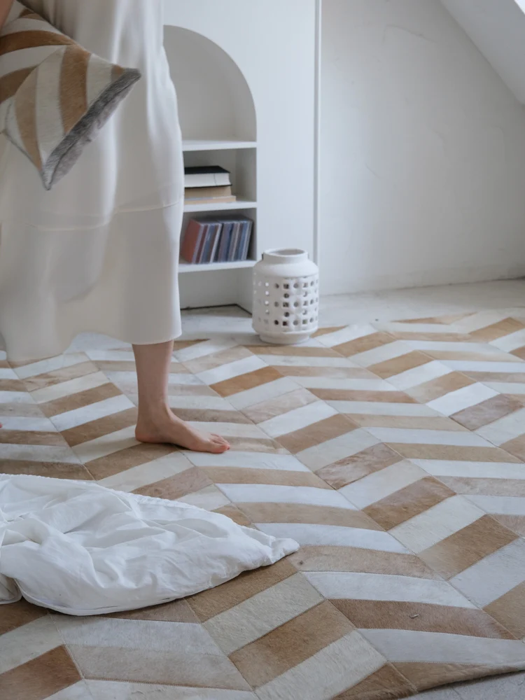 CP111 - Q1 Grade Danish Cowhide! French Herringbone Fishbone Splicing Rice Brown Two-color Carpet Living Room Bedroom