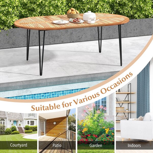 Gymax 79'' Patio Dining Table w/ Umbrella Hole Acacia Wood Tabletop and