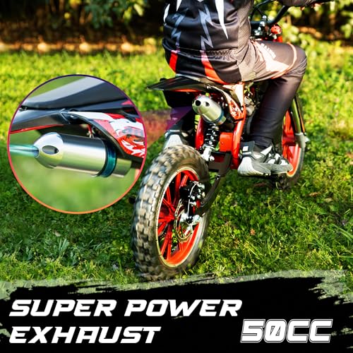 49cc Kids Dirt Bike, 2 Stroke Gas Power Beginner Motocross Dirt Bike with Durable Off-Road Tires, Front & Rear Disc Brakes, Soft Seat Cushion, Shock Absorption Springs for Youth Riders