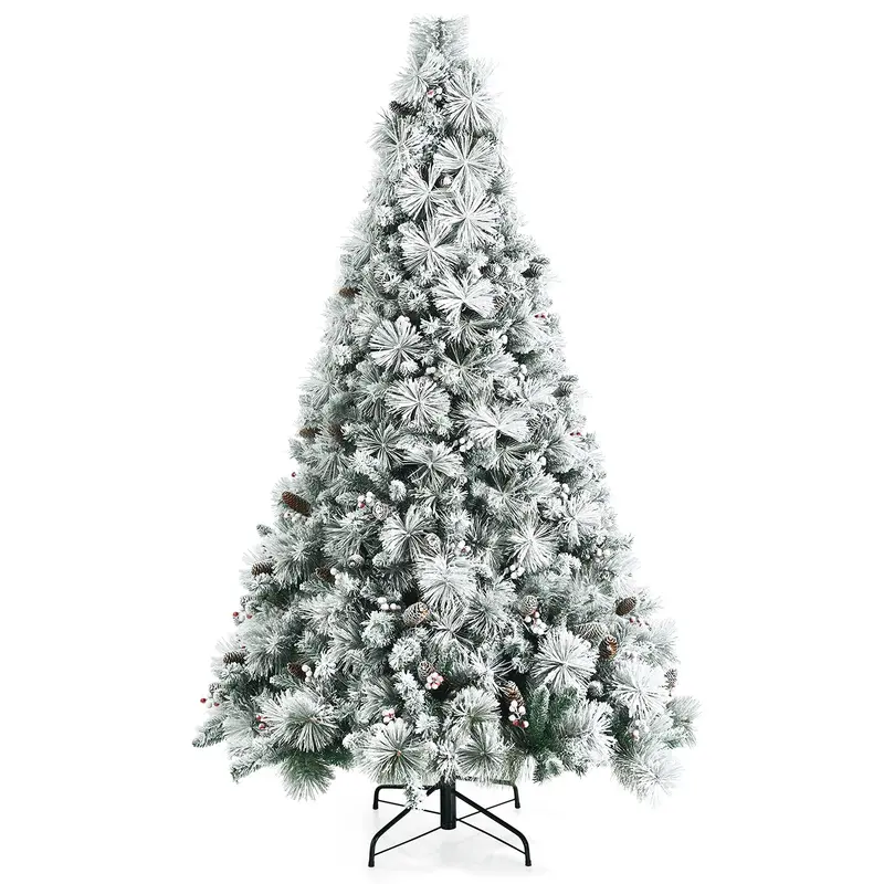 Snow-Flocked Artificial Pine Tree with Pinecones and Red Berries – Hinged Design