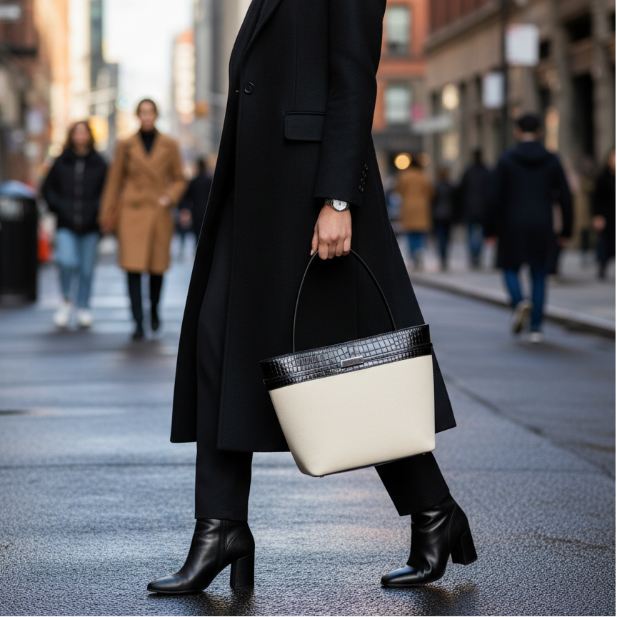 Cream & Black Croc-Embossed Two-Tone Tote Bag