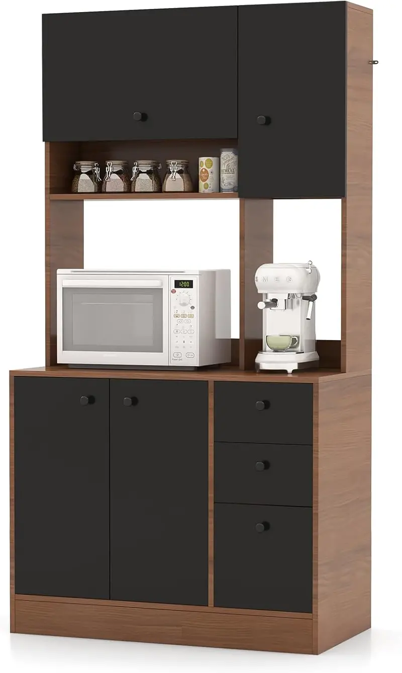 Walnut Kitchen Pantry Hutch – 71-Inch Tall Buffet with Drawers & Microwave Counter