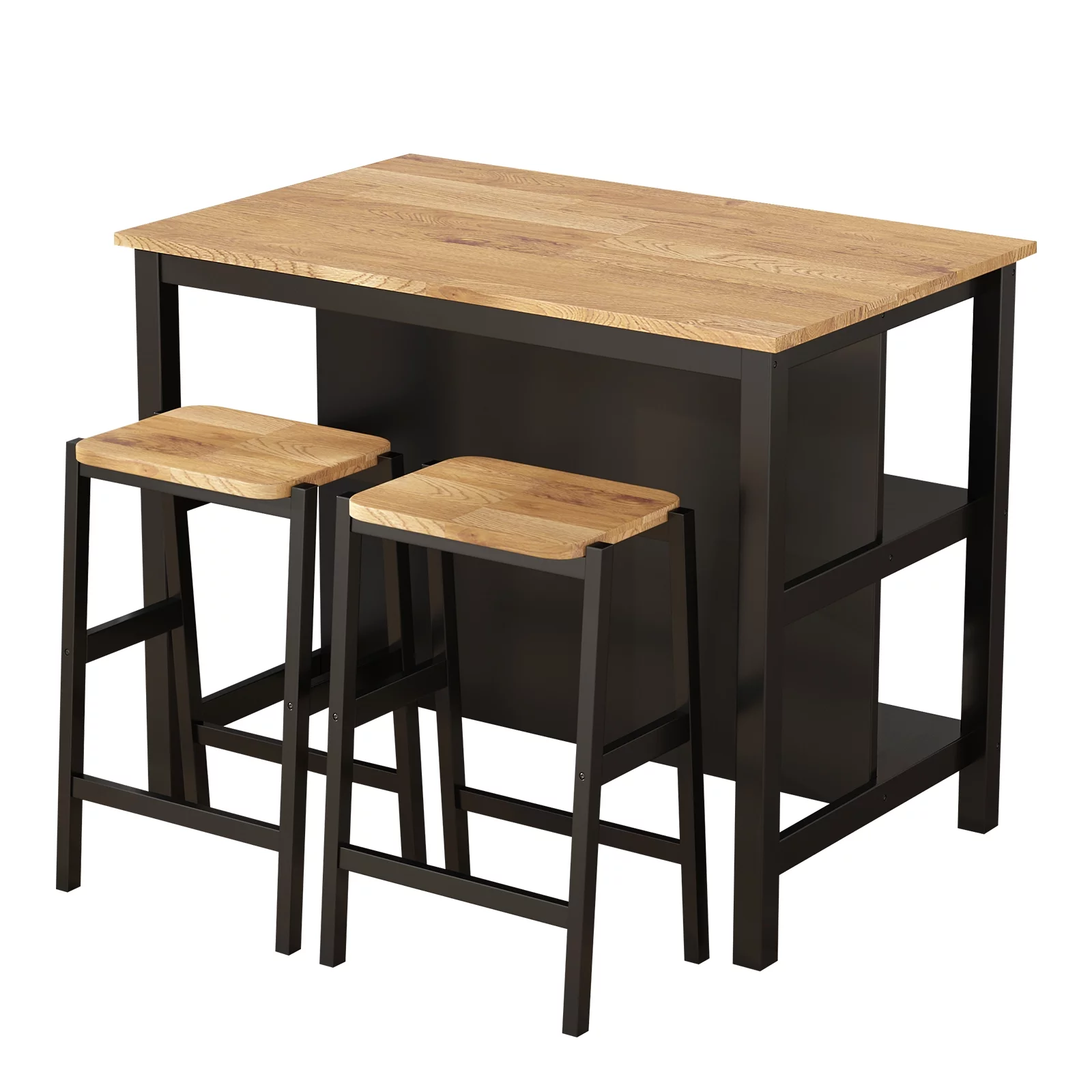 3 PCS Dining Table Set Rustic Retro Breakfast Table Dining Stools RubberWood for 2 with Two Open Shelves for Small Space Kitchen Dining Room