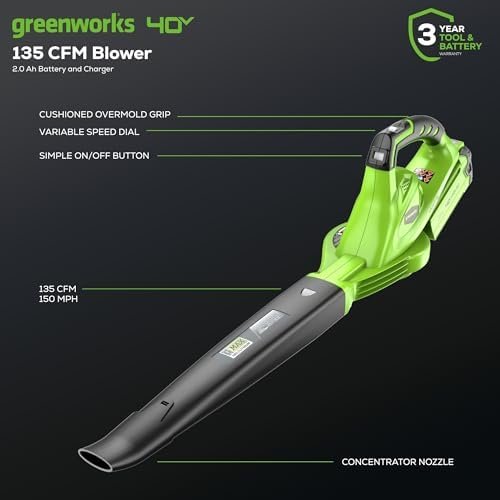 40V Leaf Blower/Sweeper, 150 MPH / 135 CFM, Lightweight, Quiet, with 2.0 Ah Battery and Charger, Perfect for Residential Lawn Care, Leaf Blowing Debris, Dust, Light Snow, and More