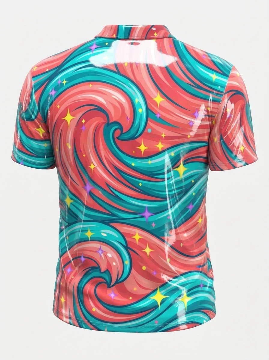 Moisture Wicking Golf Polo 3D Red Teal Wave Star Button Short Sleeve Golf Polo Shirt