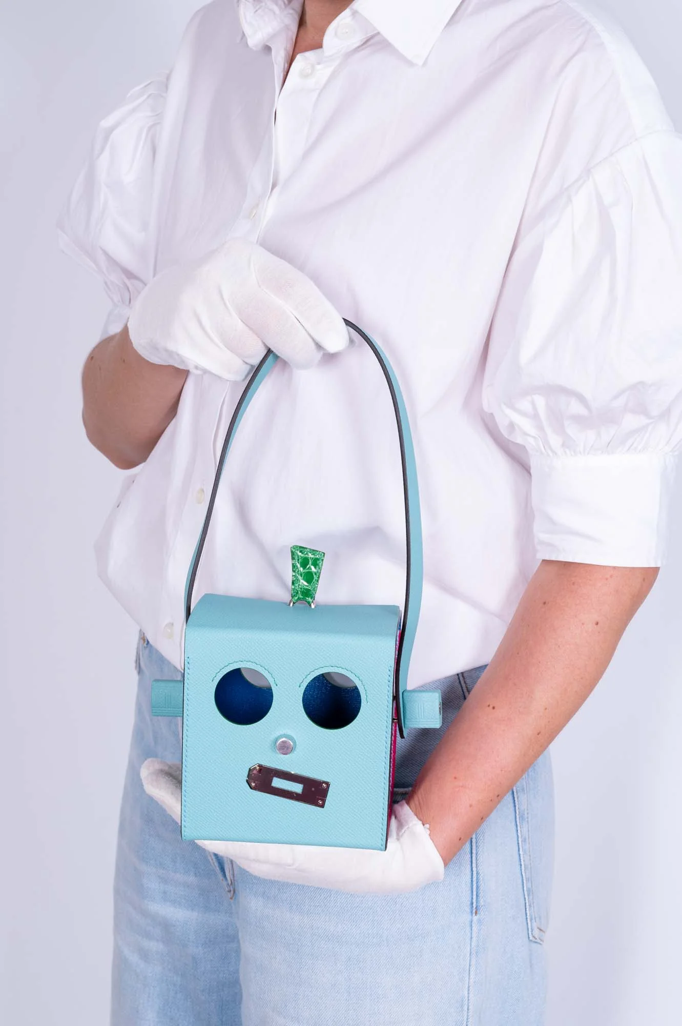 Hermès petit h Robot Buddy Bag in Turquoise Epsom with Blue Frida, Vert Émeraude Crocodile, and Fuchsia Crocodile