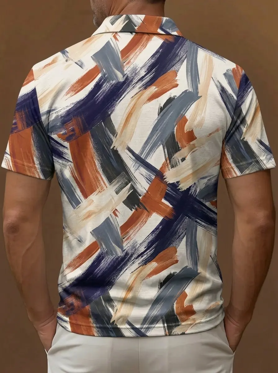 White Multicolor Brushstroke Print Short Sleeve Golf Polo Shirt