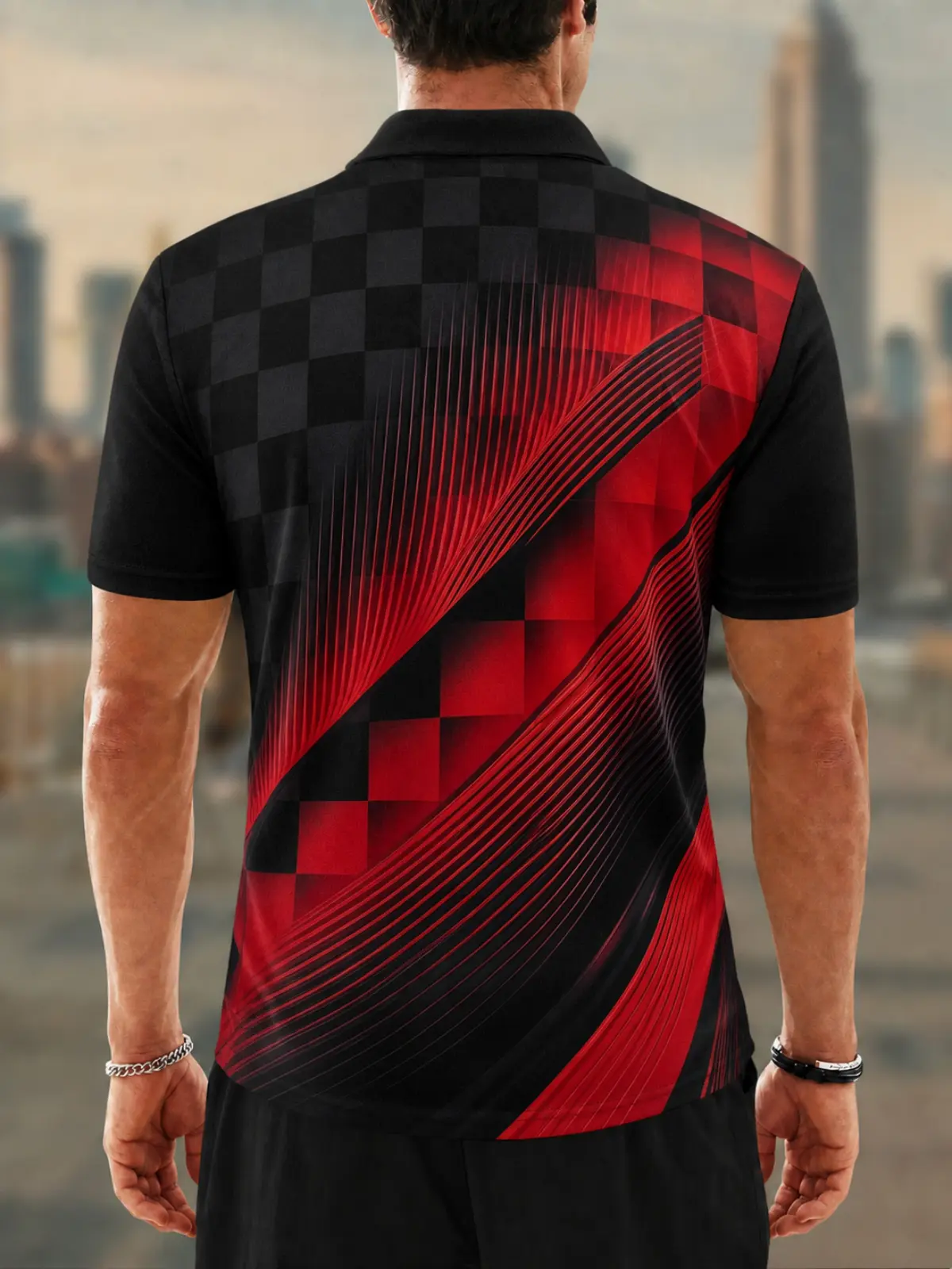 Moisture Wicking Golf Polo 3D Red Black Checkered Diagonal Line Button Short Sleeve Golf Polo Shirt
