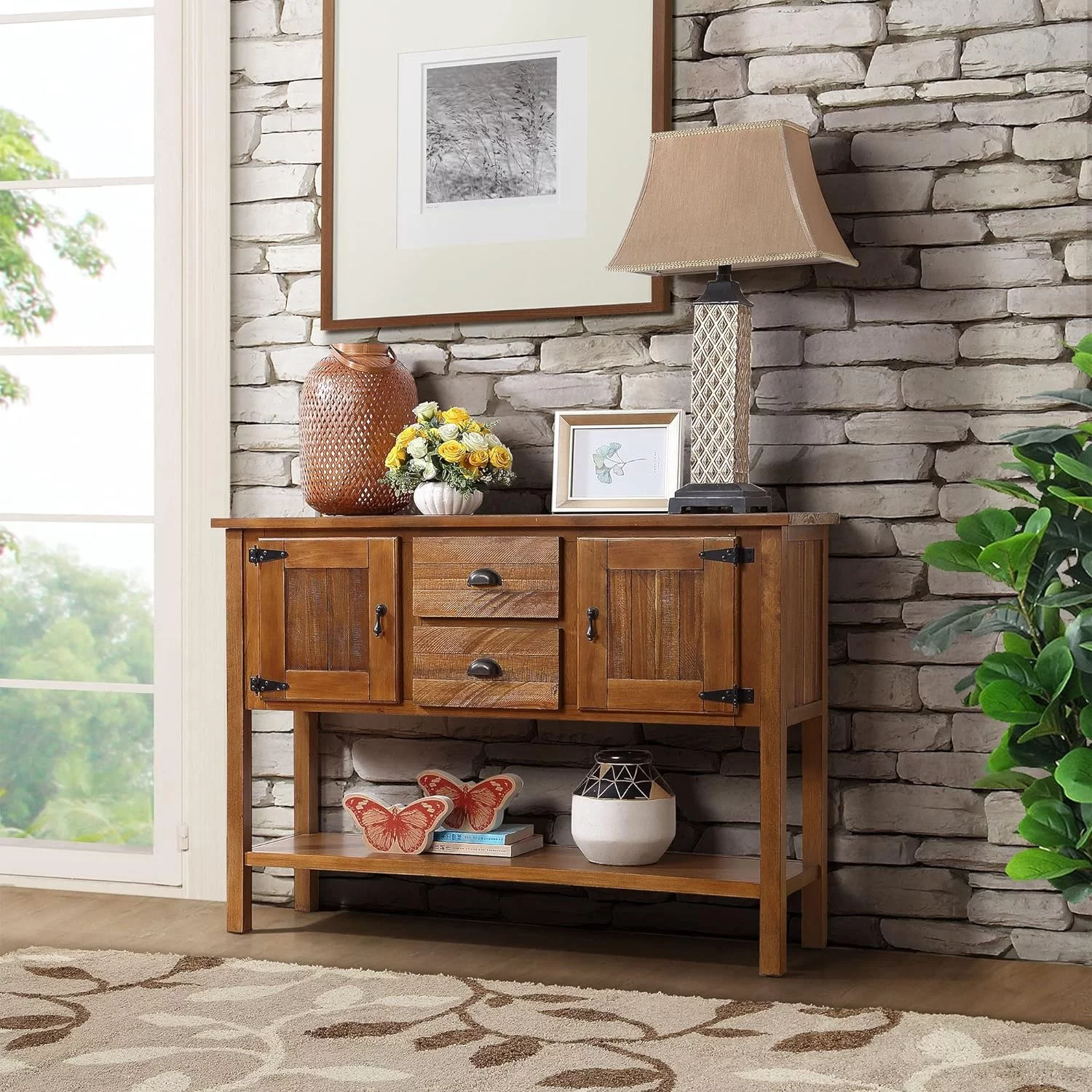 Inch Console Table With 2 Drawers And Cabinets And Bottom Shelf, Solid Wood Sideboard Storage Dining Buffet Server Cabinet For Living Room Kitchen Dining Room(Brown)