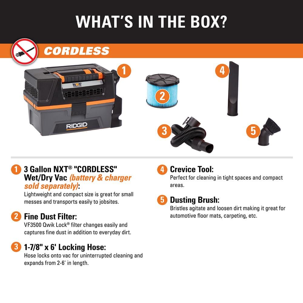 Ridgid 3 Gallon 18-Volt Cordless Handheld NXT Wet/Dry Shop Vacuum with Filter, Expandable Hose and Accessories HD0318