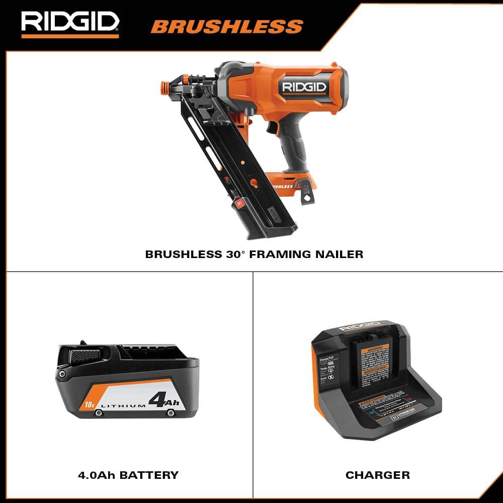 Ridgid 18V Brushless Cordless 30-Degree Framing Nailer Kit with 4.0 Ah Battery and Charger R09895KN