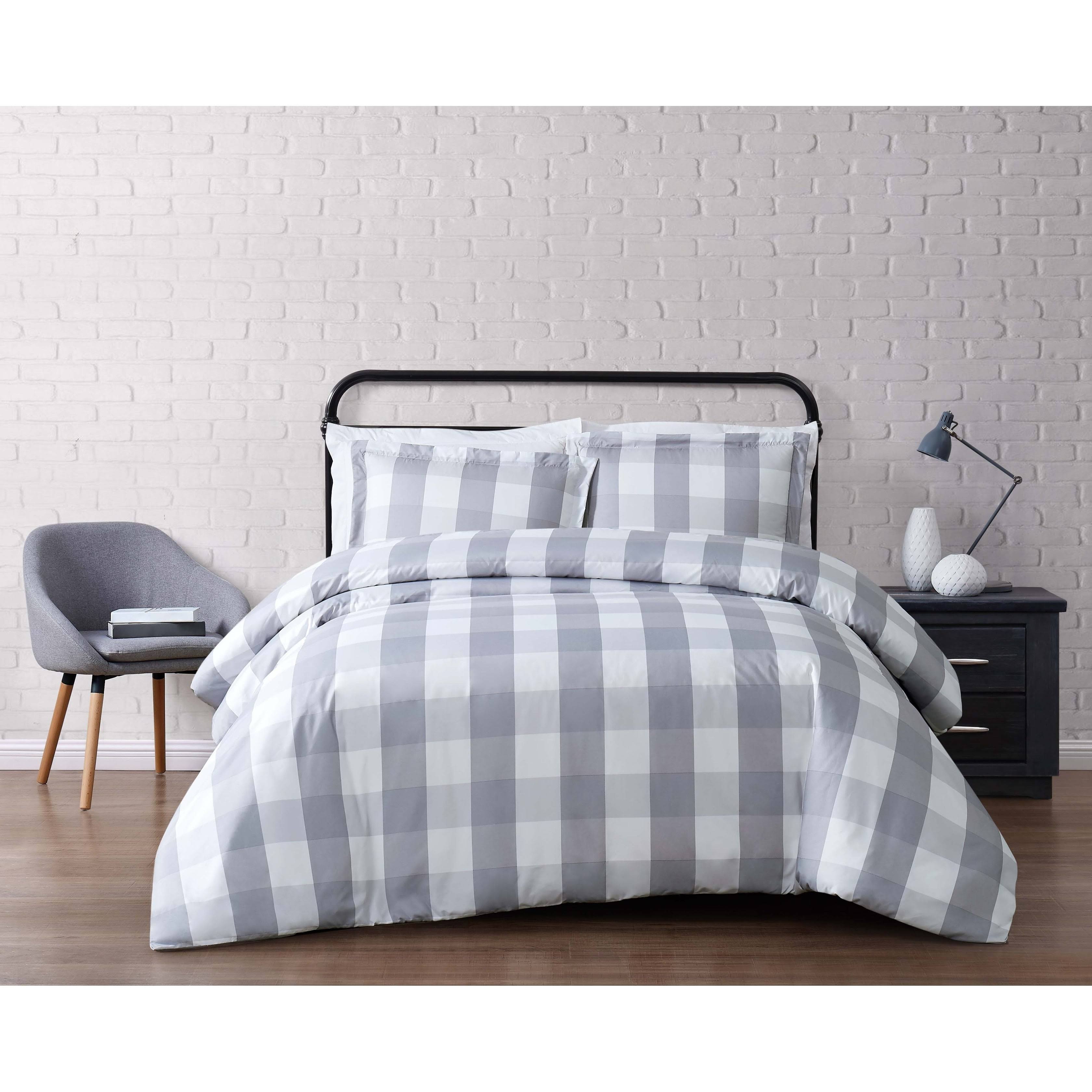 Truly Soft Everyday King Buffalo Plaid Duvet Cover Set Khaki/White