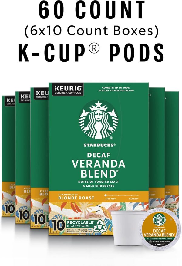 Starbucks K-Cup Coffee Pods, Starbucks Blonde Roast Coffee, Decaf Veranda Blend, 100% Arabica, 6 boxes (60 pods total)