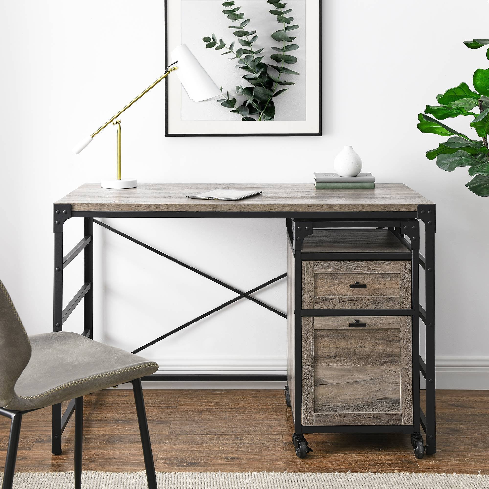 Halverson Angle Iron Writing Desk with 2 Drawer Filing Cabinet Gray Wash - Saracina Home