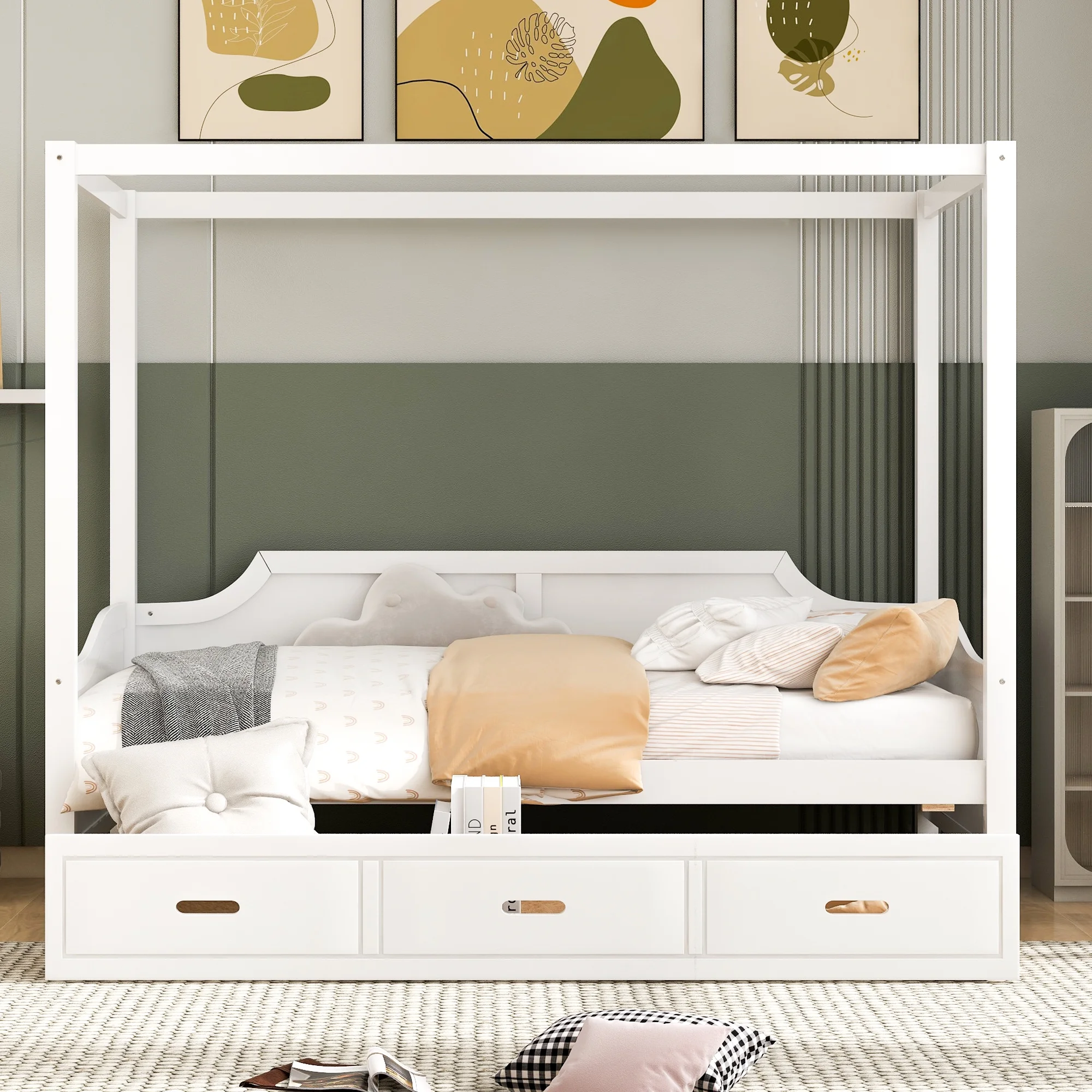 Wooden Tent Canopy Bed with Solid Construction for Toddlers, Twin Size Canopy Daybed with 3 in 1 Drawers for Kids, Wood Floor Bed Frame Bedroom Furniture for Girls Boys(White)