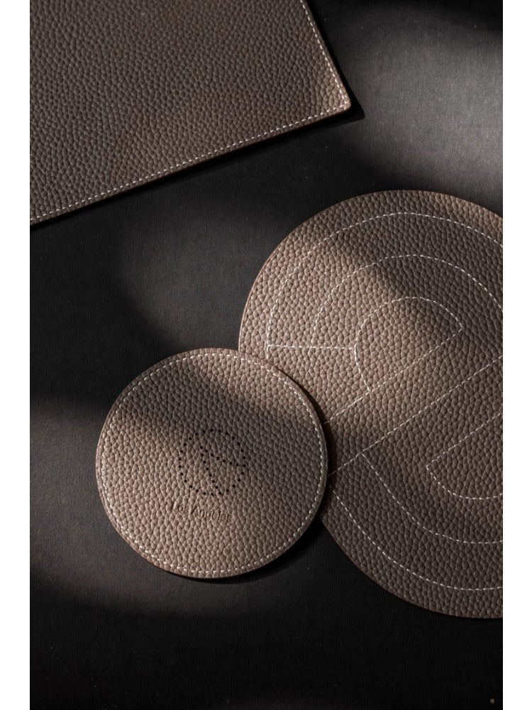 DC078 (Set) - Calfskin Elephant Gray Outer Stitching Dining Mat Table Mat Cup Mat Tea Tray (Set of Three)