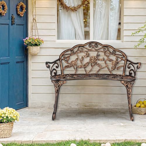 Outdoor Bench, Patio Outdoor Garden Bench, Cast Aluminum Metal Loveseat Chairs for Park, Yard, Porch, Lawn, Balcony, Backyard, Antique Floral Rose Accent Seat Furniture(Green)