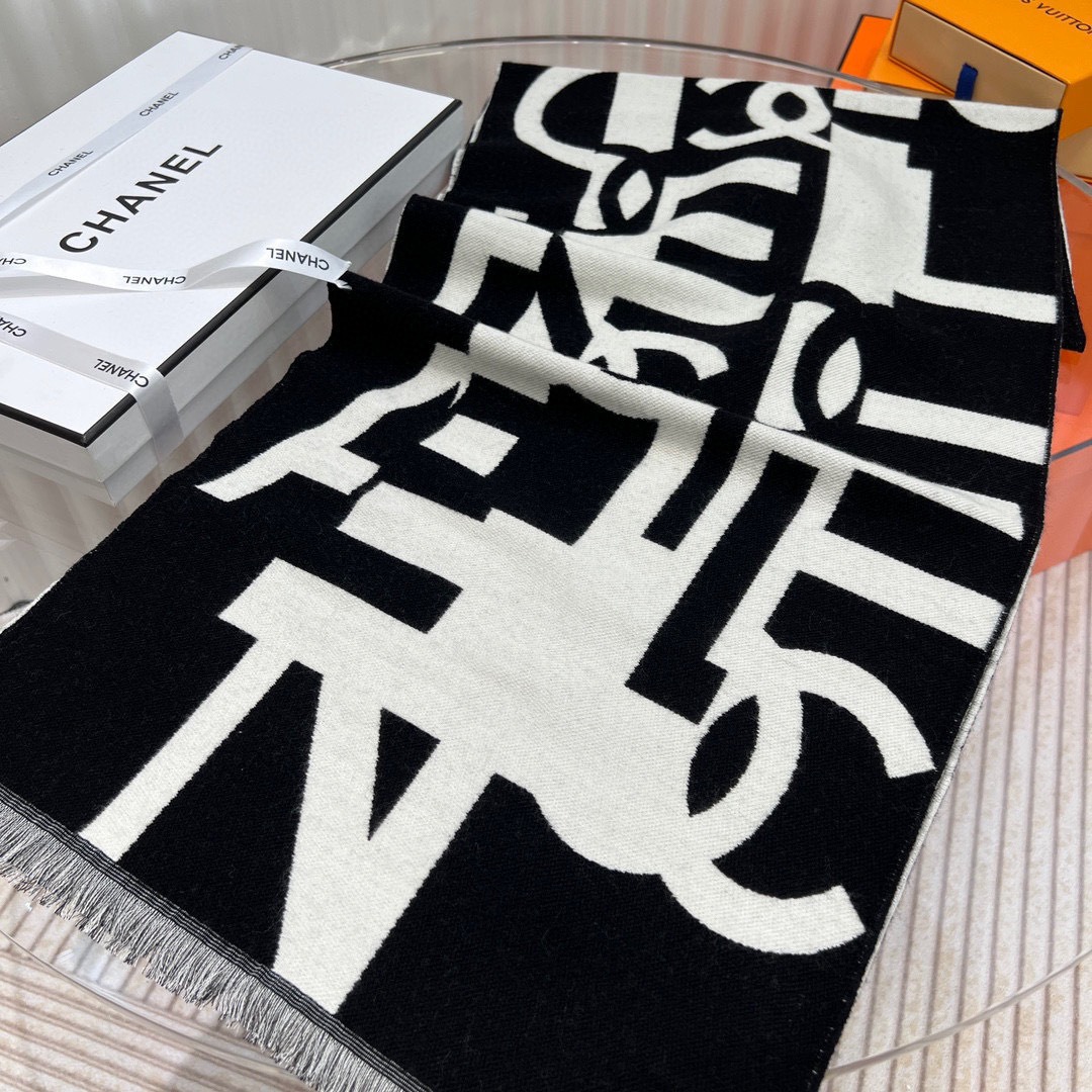 Chanel Cashmere Scarf Graphic Black For Women 190cm