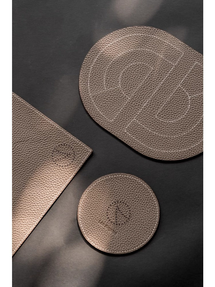 DC078 (Set) - Calfskin Elephant Gray Outer Stitching Dining Mat Table Mat Cup Mat Tea Tray (Set of Three)