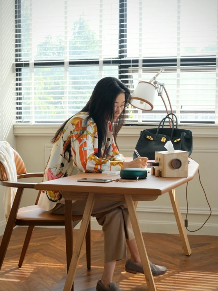 YA018 (Desk) - H Gold Brown Leather Arc-shaped Desk White Waxwood Legs Modern Home Simple Computer Desk Long Table