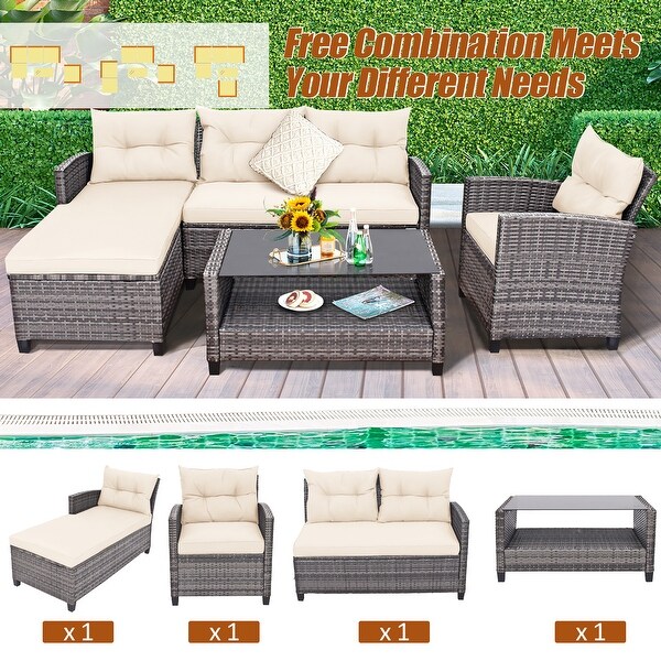 Costway 4PCS Patio Rattan Furniture Set Sofa Ottoman Cushion Garden