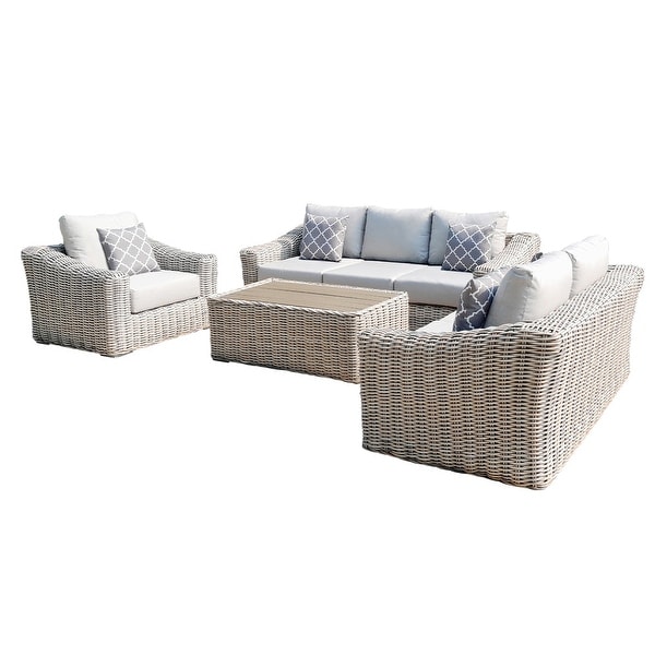 Hawaii Outdoor Patio 4Piece Conversation Set Furniture Wicker Rattan Includes Light Grey Olefin Cushions