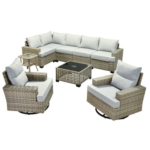OVIOS 9 Pieces T shaped Seat Wide Armrest Swivel Chair Set With SolarPowered Table
