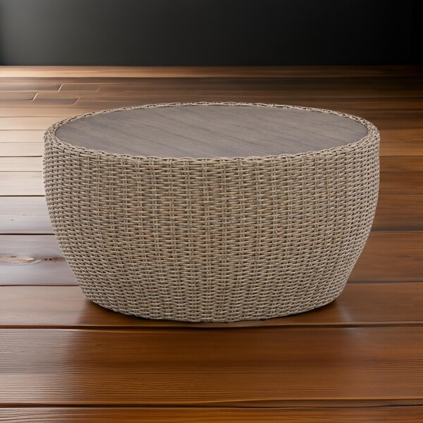 36 Inch Outdoor Coffee Table,Curved,Handwoven Resin Wicker,Beige Finish