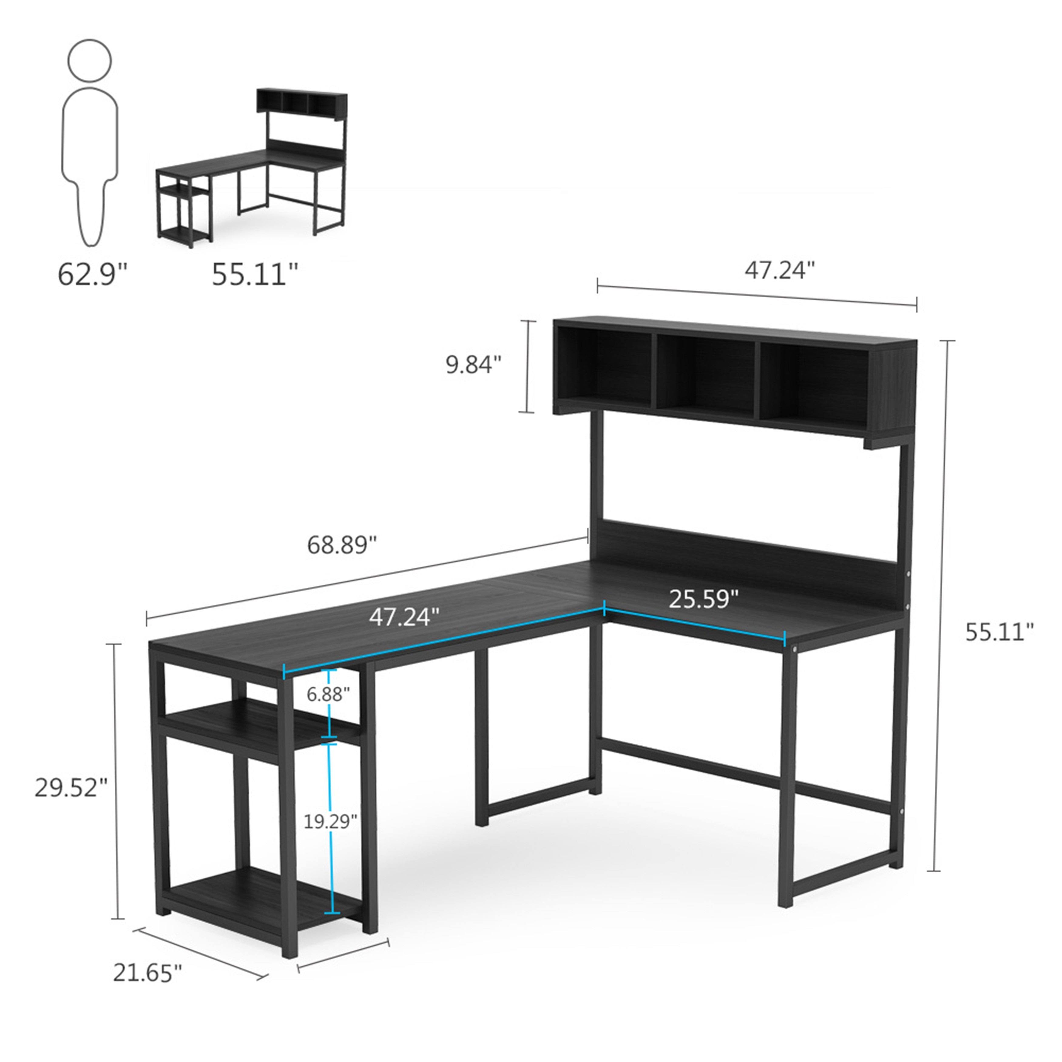 LShaped Computer Desk with Hutch Shelves, Writing Desk - Brown