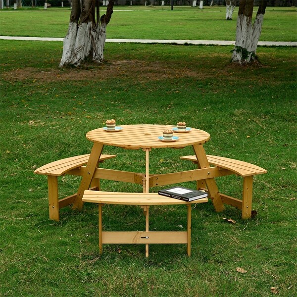 Outdoor Round Wood Picnic Table with 3 BuiltIn Benches,Umbrella Hole