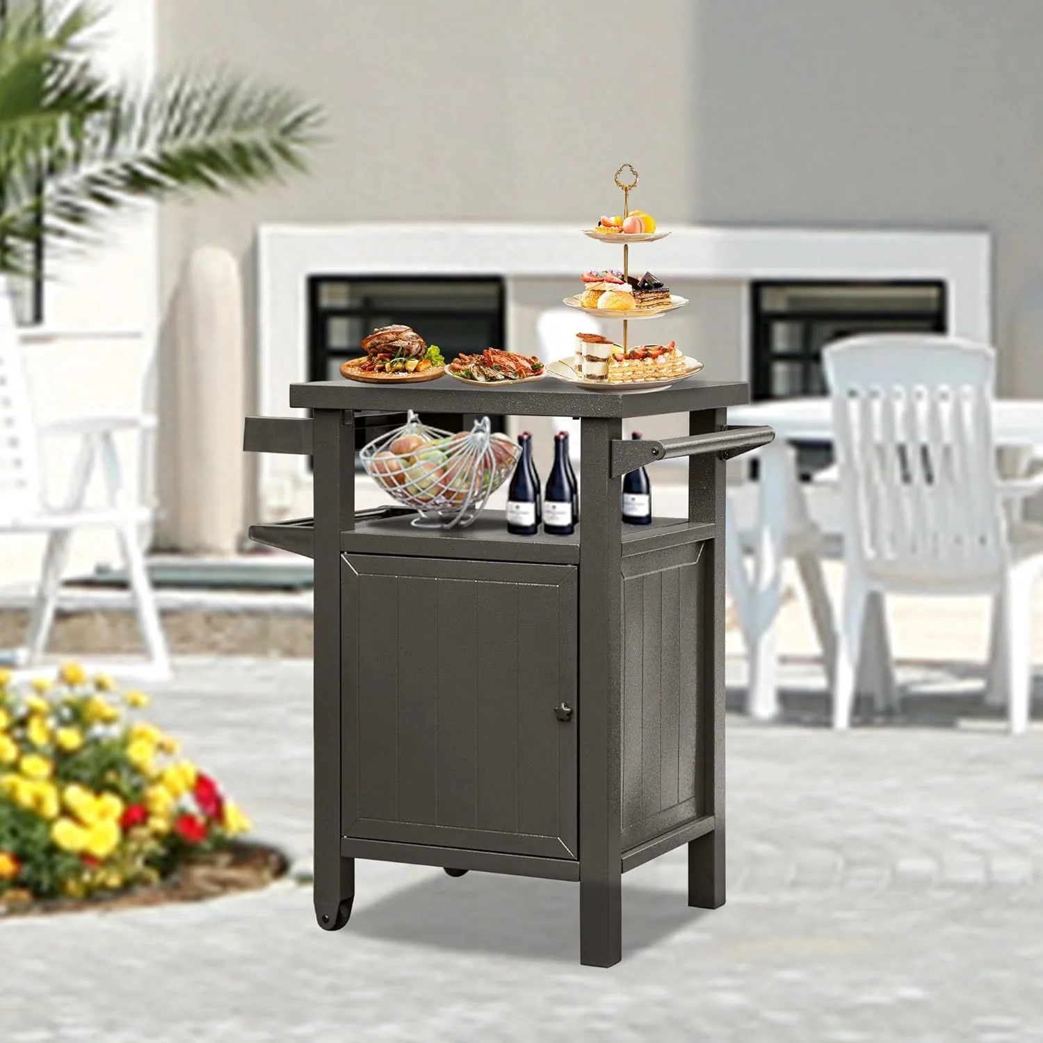 Outdoor Storage Cabinet with Wheels - Heavy Duty Metal Grill Table for BBQ, Patio, Backyard (XL)