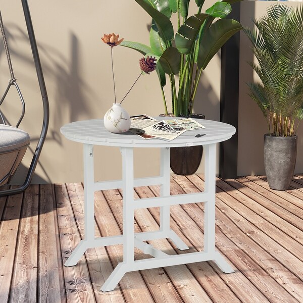 Outsunny Round Patio Table with Umbrella Hole,Outdoor Dining Table for 4 People,Aluminum Frame and Slatted HDPE Tabletop