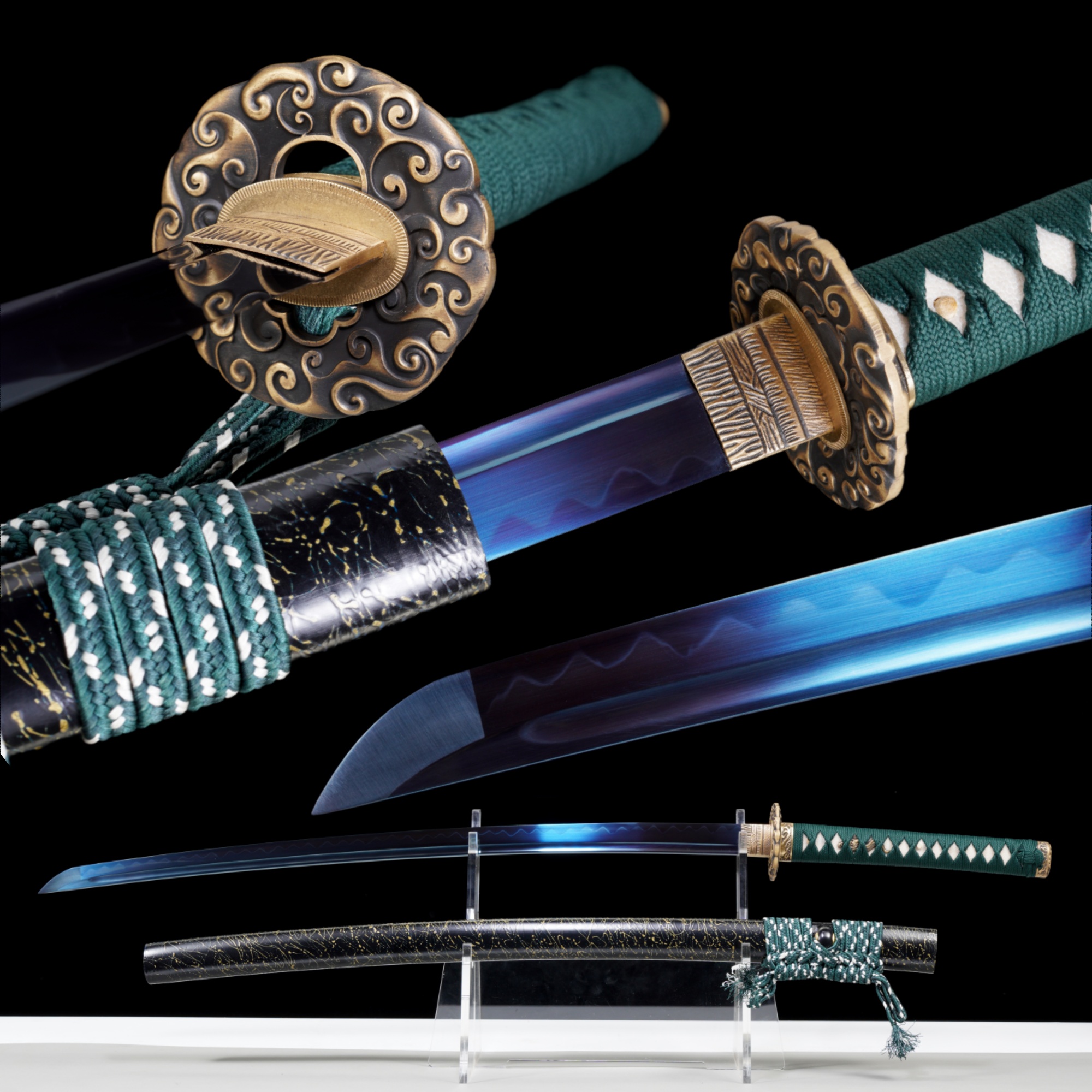 Handmade Katana T10 Steel Clay Tempered Blue Blade Azure Cloud Full Tang