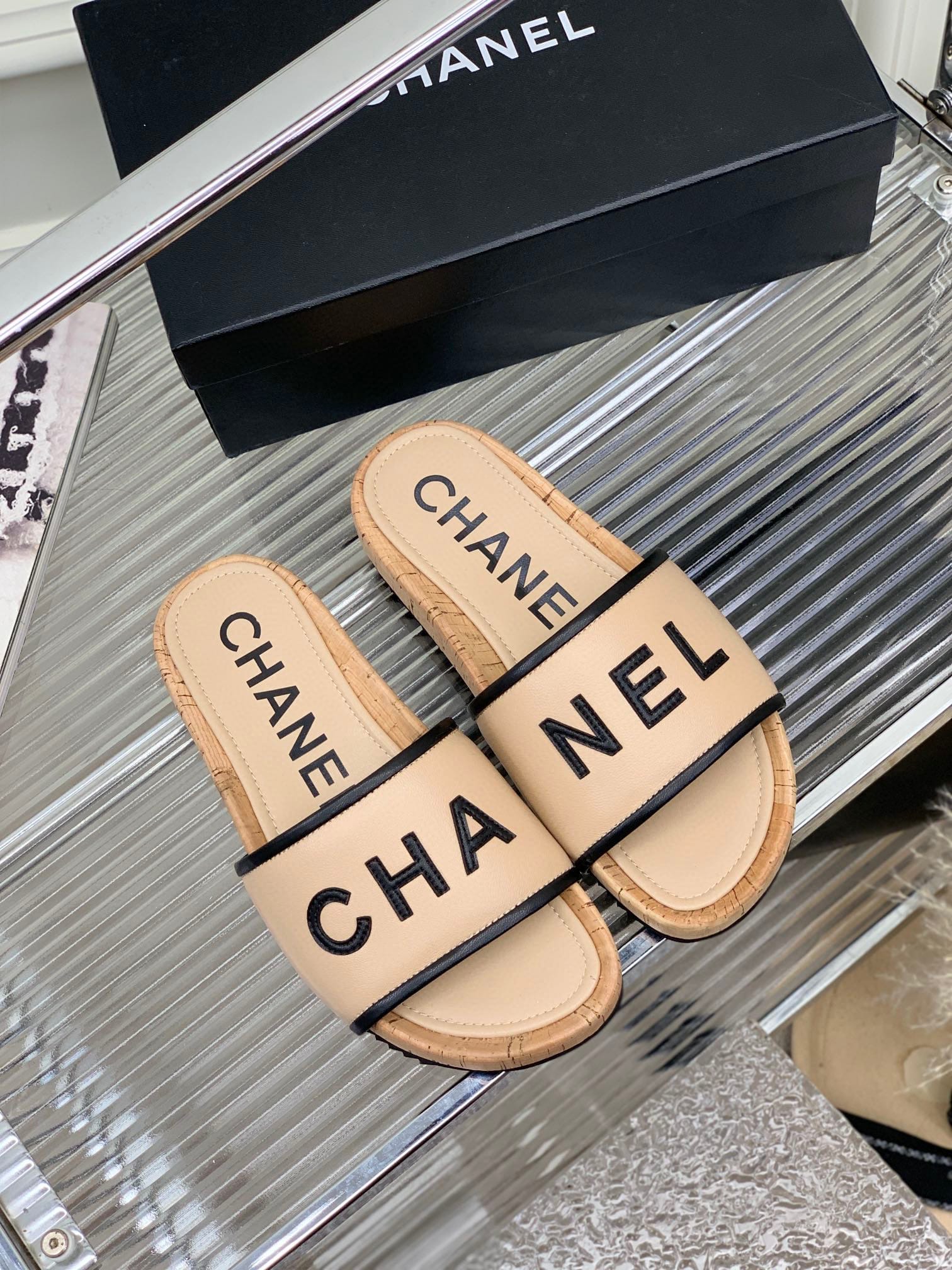 Chanel Leather Logo Cork Slide Sandals Beige