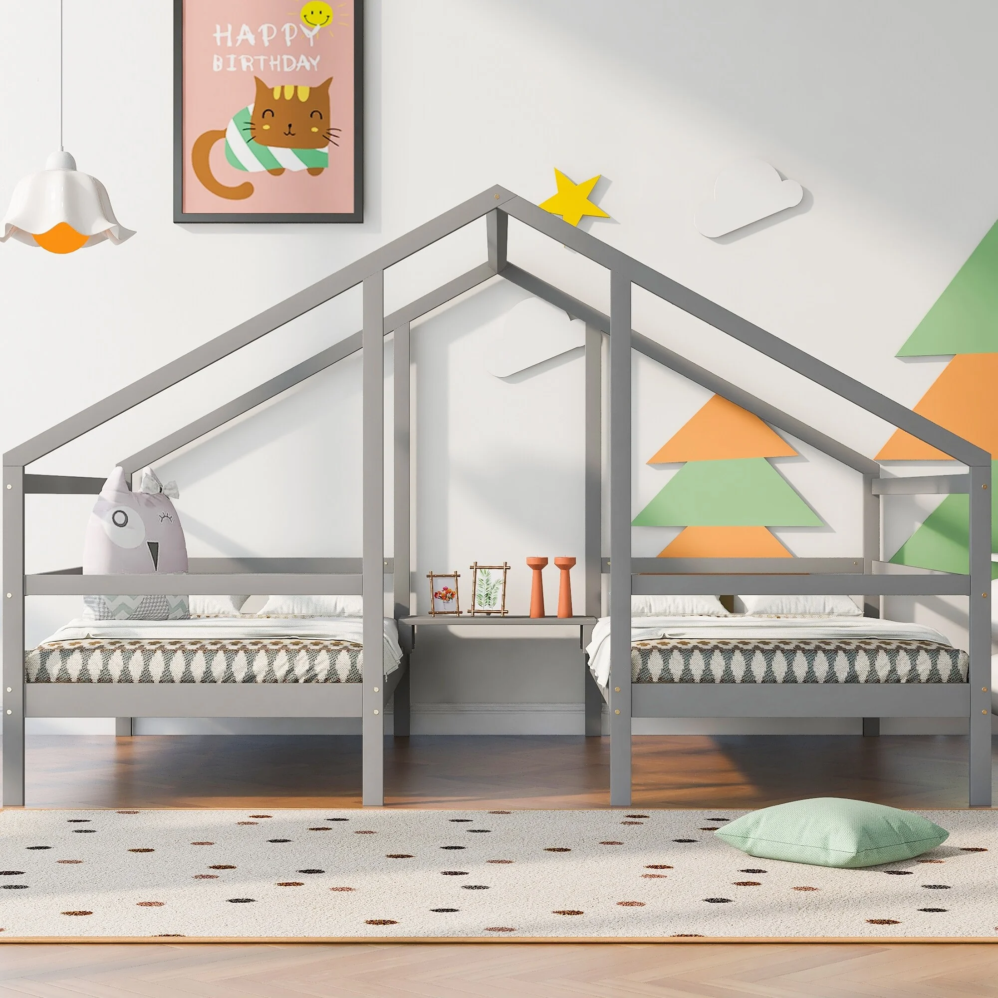 Nestfair  Twin Size Double Triangular House Beds with Built-in Table Grey