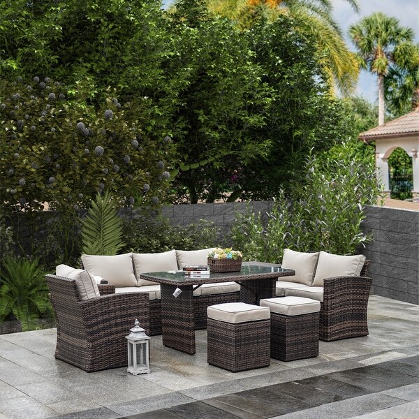 7piece Patio Outdoor Wicker Sectional Sofa Set with Storage Box and Ottoman