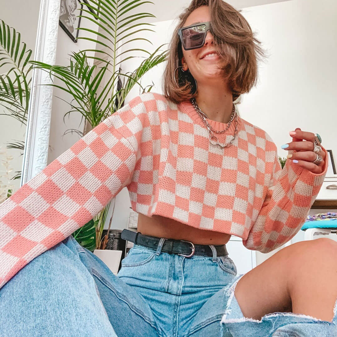 Checkered Pattern Long Sleeve Pullover Cropped Sweater - PinkClistos