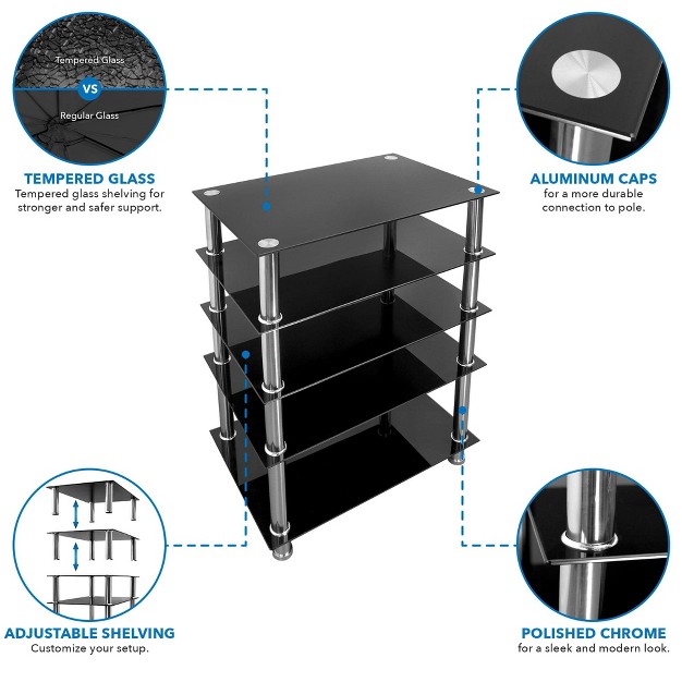 Mount it Tempered Glass Av Component Media Stand Audio Tower And Media Center With 5 Shelves 220 Lbs Total Capacity Black Shelves Chrome Legs