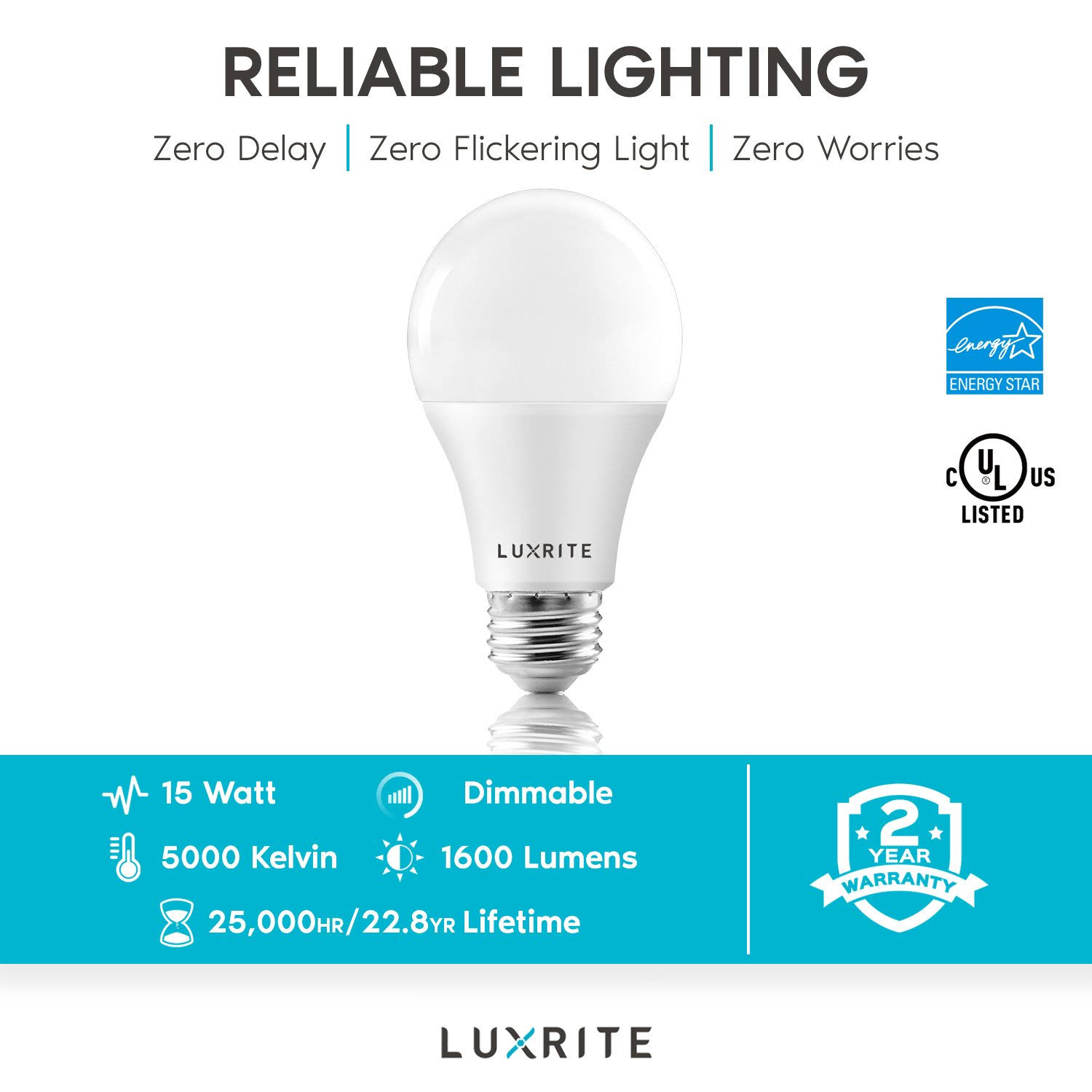 Luxrite A19 LED Light Bulbs 100 Watt Equivalent Dimmable, 5000K Bright White, 1600 Lumens, Enclosed Fixture Rated, 15W, Energy S