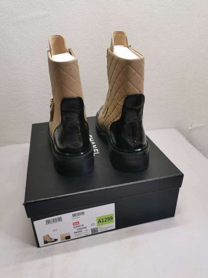 Chanel Lace Up Boots Beige Black G39516 Y56261 K5119
