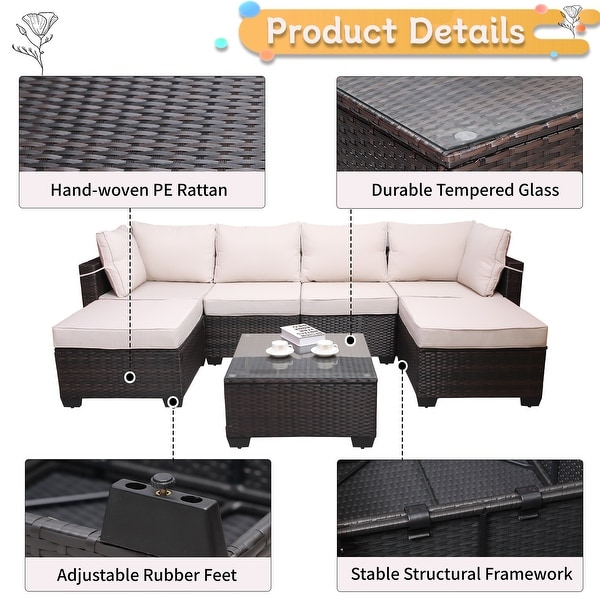 7Piece Rattan Sectional Sofa Set with Cushions and Table
