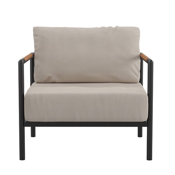 Aluminum Frame Patio Chair with Teak Arm Accents and Plush Cushions