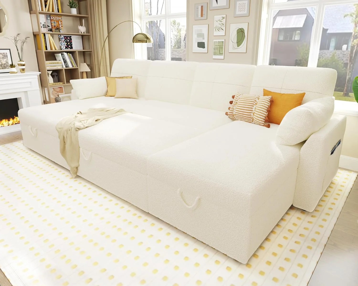 Papajet Sleeper Sofa, 110″ Overisze Sofa Bed with 2 Storage Chaise for Living Room, White Boucle