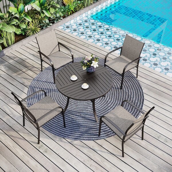 MAISON ARTS 5Piece Patio Dining Set,Geometrically Stamped Round Table and 4 Textilene Dining Chairs